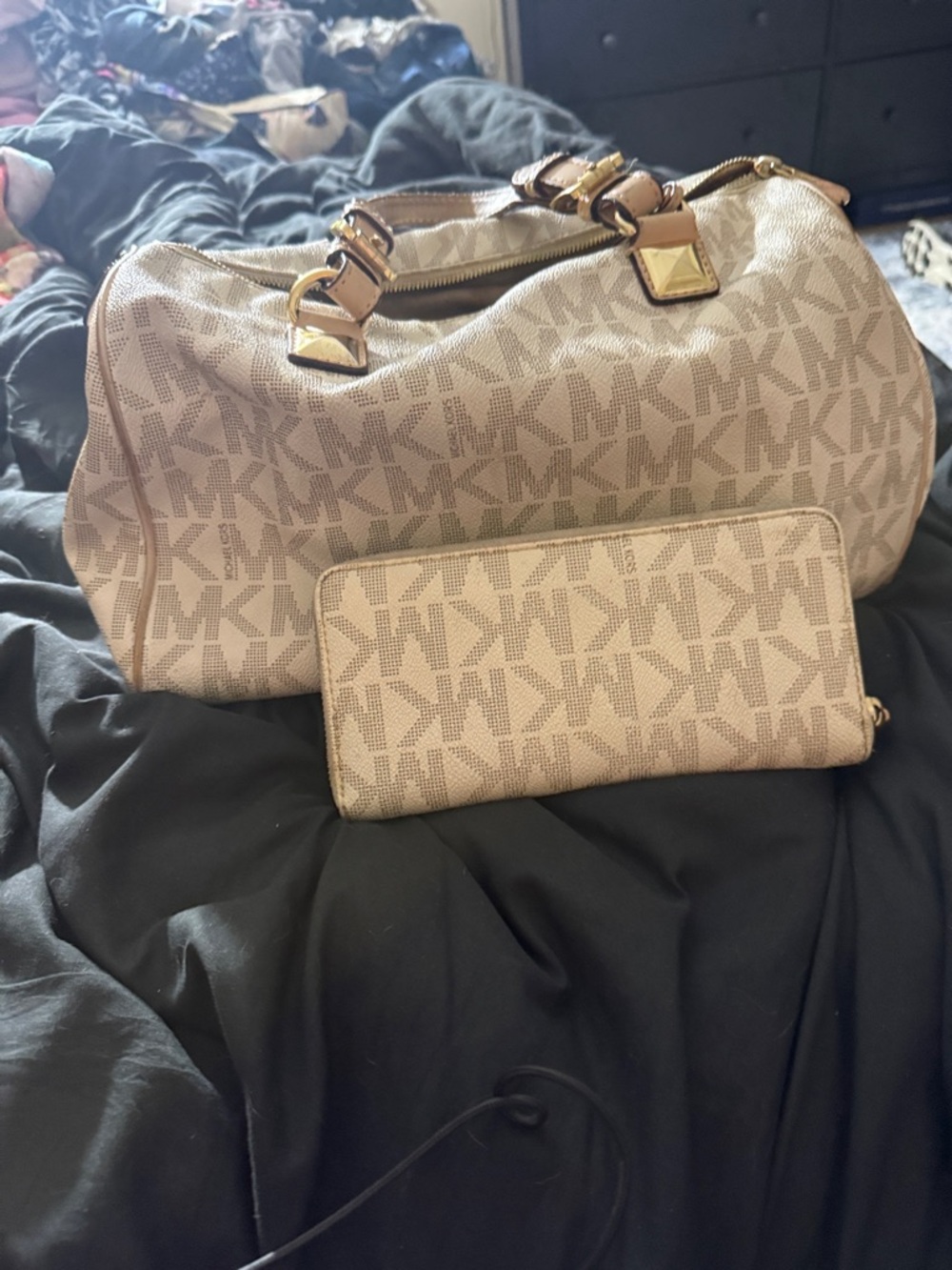 Michael Kors Beige/Tan Logo Satchel with Matching Wallet